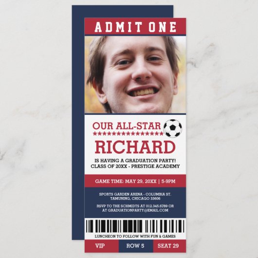 Rood- en blauwe Voetbal Graduation Party nodigt ui Kaart (Voorkant / Achterkant)