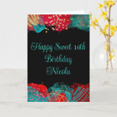 Rood en Blauwgroen Blauw Alcoholinkt Sweet 16 Kaart (Gele Bloem)