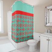 Rood en blauwgroen bloem douchegordijn (In situ)