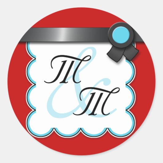 Rood en Blauwgroen, zwart lint dubbelmonogram Stic Ronde Sticker (Voorkant)