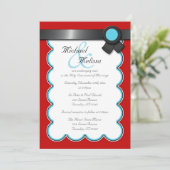 Rood- en Blauwgroen, zwarte-lintbruiloft-uitnodigi Kaart (Staand voorkant)