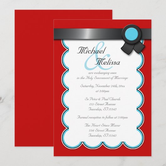 Rood- en Blauwgroen, zwarte-lintbruiloft-uitnodigi Kaart (Voorkant / Achterkant)