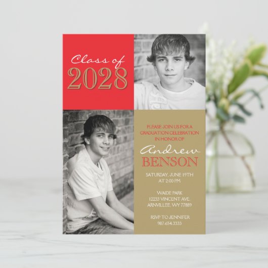 Rood en Brons Goud Classic 2 Foto Afstuderen Kaart (Staand voorkant)