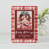 Rood en bruin geruit foto kerst feestdagenkaart (Staand voorkant)