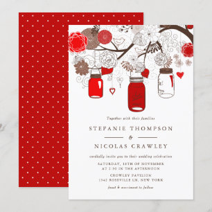 Rood en bruin Mason Jars Floral Wedding Invitation Kaart