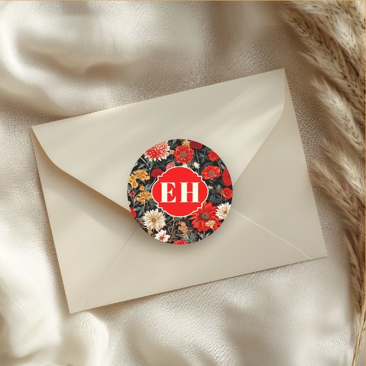 Rood en Crème Donkere Bloemen Ronde Sticker