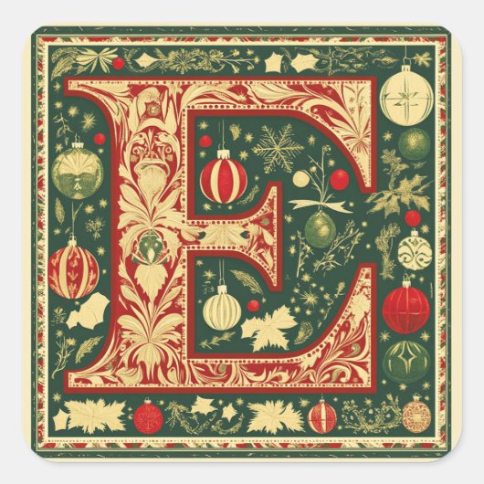 Rood en Crème 'E' met Kerst Rood en Groen Vierkante Sticker (Voorkant)