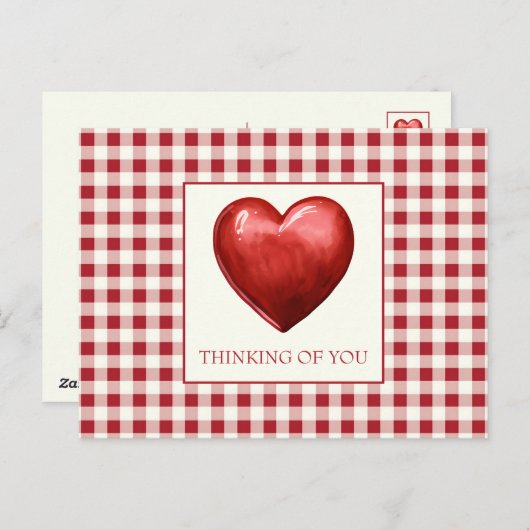  rood en crème gingham met hart briefkaart (Voorkant / Achterkant)