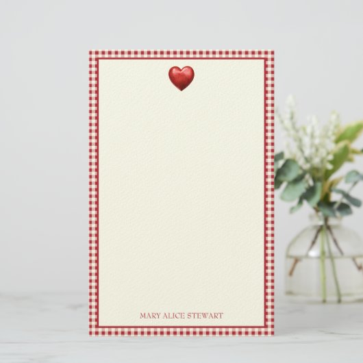 rood en crème gingham met hart briefpapier (Staand voorkant)