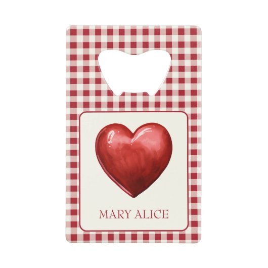 rood en crème gingham met hart creditkaart flessenopener (Voorkant)