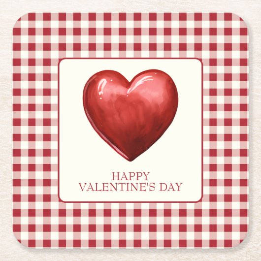 rood en crème gingham met hart kartonnen onderzetters (Voorkant)