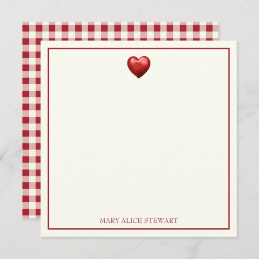  rood en crème gingham met hart notitiekaartje (Voorkant / Achterkant)