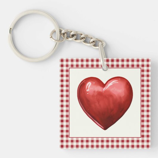  rood en crème gingham met hart sleutelhanger (Voorkant)