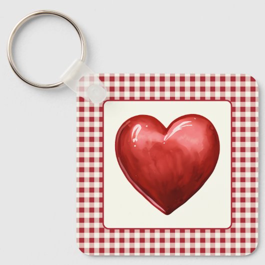 rood en crème gingham met hart sleutelhanger (Voorkant)