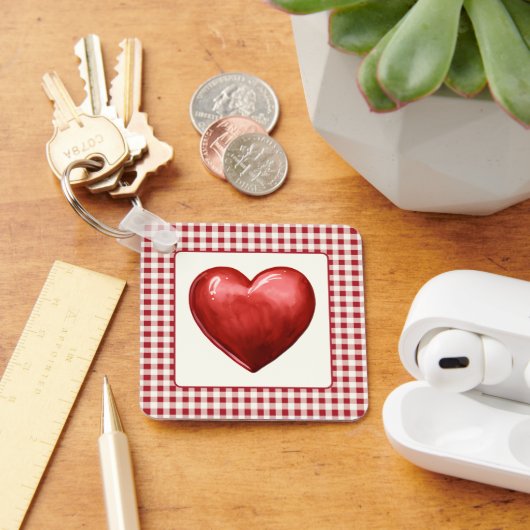 rood en crème gingham met hart sleutelhanger (Bureau)