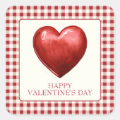  rood en crème gingham met hart vierkante sticker (Voorkant)