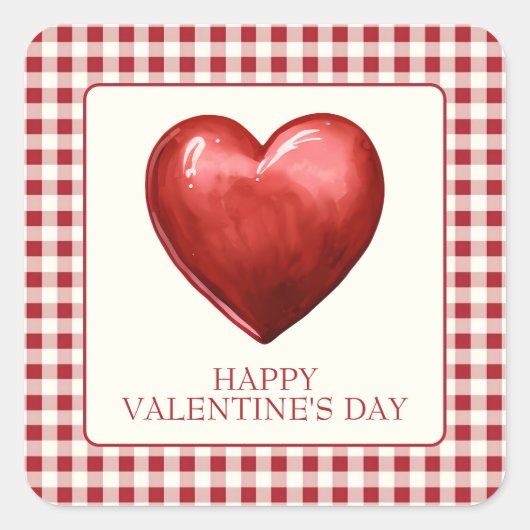 rood en crème gingham met hart vierkante sticker (Voorkant)