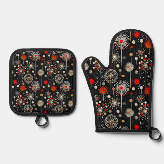 Rood en crème op Black Feestelijke Retro Ovenwant & Pannenlap Set