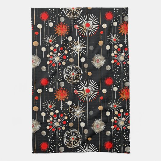 Rood en crème op Black Feestelijke Retro Theedoek (Verticaal)