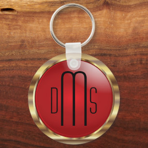 Rood en Faux metallisch goud met monogram Sleutelhanger