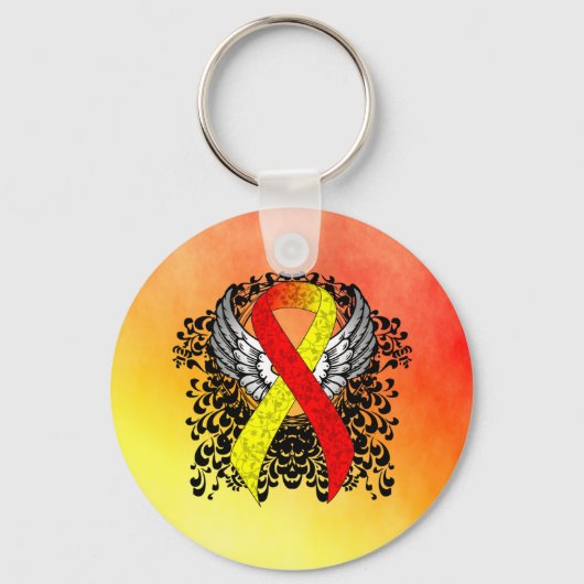 Rood- en Geel Awareness Ribbon met Wings Sleutelhanger (Voorkant)
