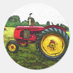 Rood en Geel Boerderij Tractor Ronde Sticker