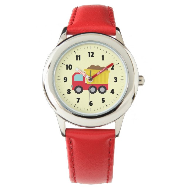 Rood en geel Dump Truck Kinder Horloge (Voorkant)