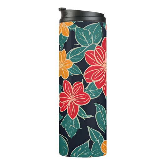 Rood en Geel Gestileerde Bloemen Zwarte Achtergron Thermosbeker (Geroteerd rechts)