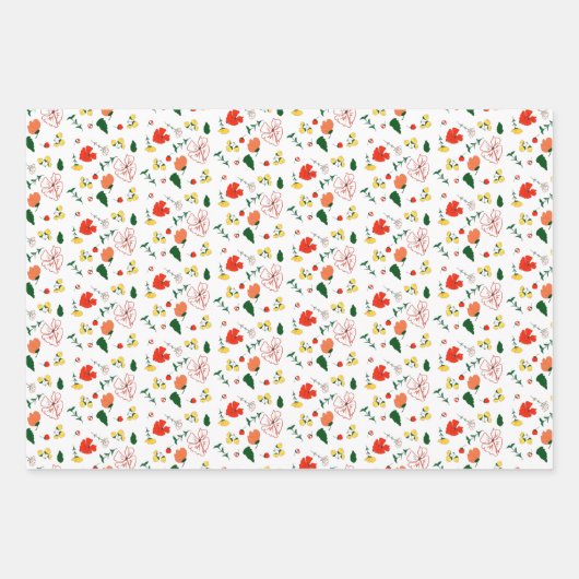 Rood en geel patroon van wilde bloemen inpakpapier vel (Voorkant)