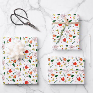 Rood en geel patroon van wilde bloemen inpakpapier vel
