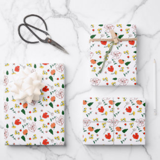 Rood en geel patroon van wilde bloemen inpakpapier vel
