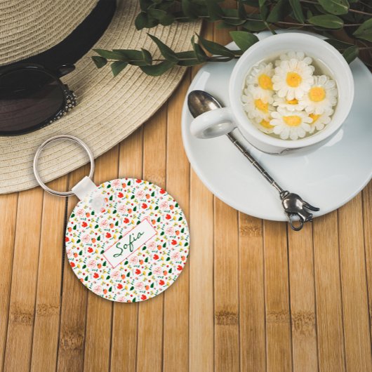 Rood en geel patroon van wilde bloemen sleutelhanger