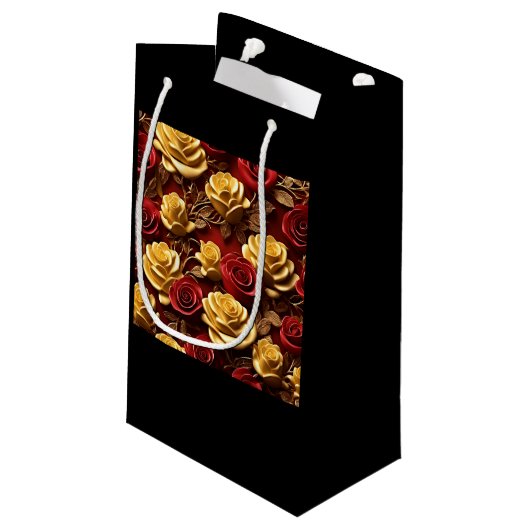Rood en Geel Rozen Gift Bag - Klein, Glossy Klein Cadeauzakje (Achterkant Gekanteld)