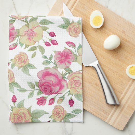  Rood en Geel Rozen Waterverf Patroon | Theedoek (Quarter Fold)