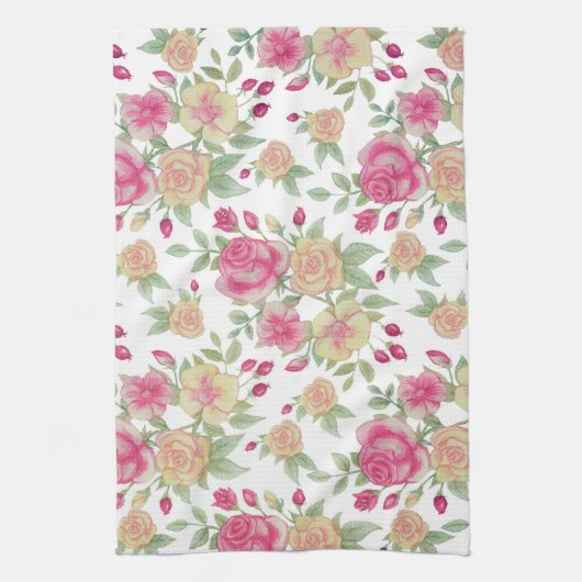  Rood en Geel Rozen Waterverf Patroon | Theedoek (Verticaal)