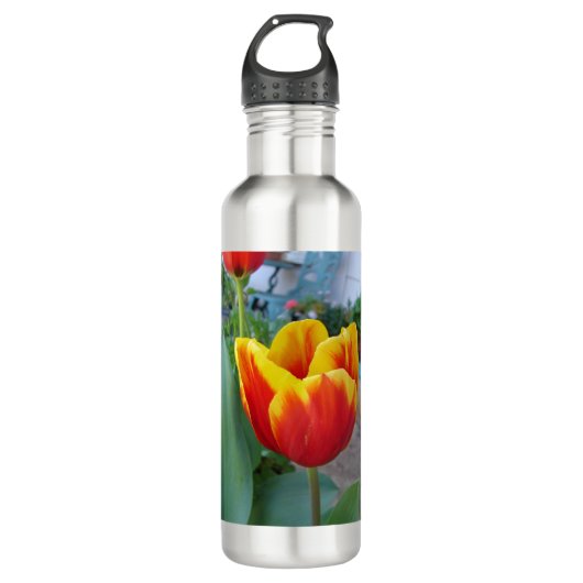 Rood en geel Tulp floral Garden Foto Waterfles (Voorkant)