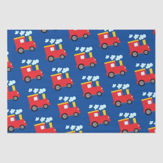 Rood- en gele treinmotor Kunst op donkerblauw Tissuepapier (Voorkant)