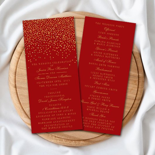 Rood- en Glam Gold Confetti Wedding Program Programmakaart