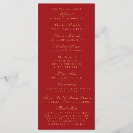 Rood- en Glam Gold Confetti Wedding Program Programmakaart (Achterkant)