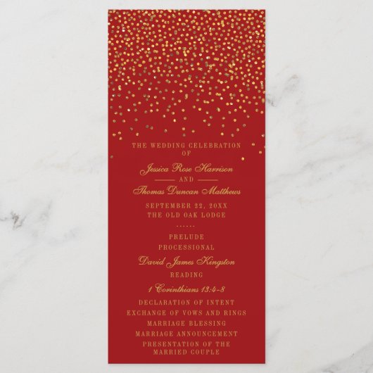 Rood- en Glam Gold Confetti Wedding Program Programmakaart (Voorkant)