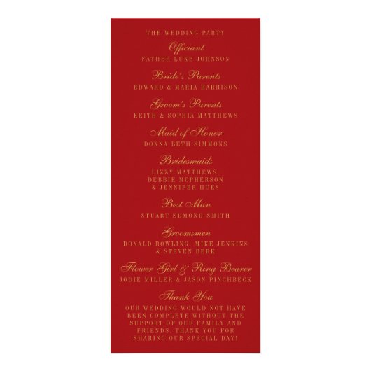Rood- en Glam Gold Confetti Wedding Program Reclamekaart (Achterkant)
