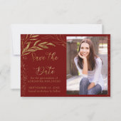 Rood en Gold Leaf met kalligrafie en foto's Save The Date (Voorkant)