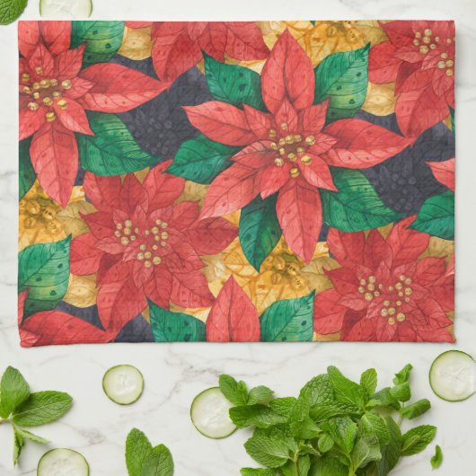 Rood- en Gold Poinsettias-feestdag kerst Theedoek (Gevouwen)