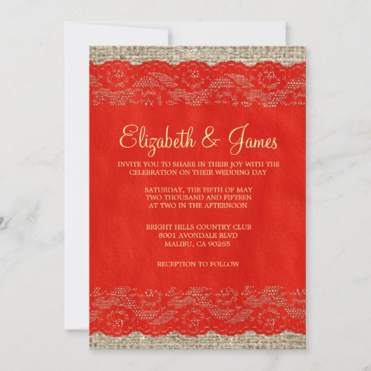Rood- en Gold Rustic Lace Wedding Invitations Kaart (Voorkant)