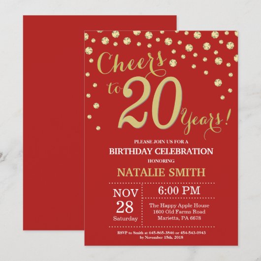 Rood en Goud 20e Verjaardag Diamanten Uitnodiging (Voorkant / Achterkant)