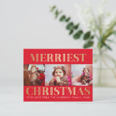 Rood en goud | 3 Foto Kerstvakantie Groeten Feestdagenkaart (Staand voorkant)