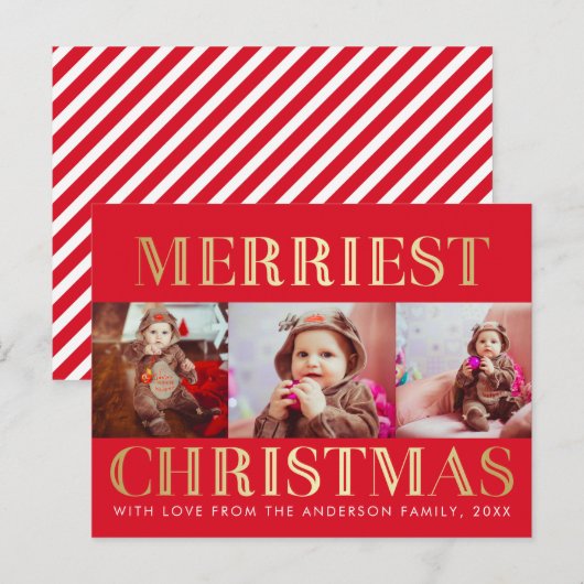 Rood en goud | 3 Foto Kerstvakantie Groeten Feestdagenkaart (Voorkant / Achterkant)