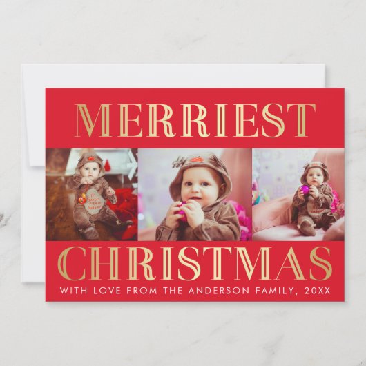 Rood en goud | 3 Foto Kerstvakantie Groeten Feestdagenkaart (Voorkant)