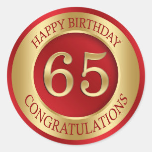 Rood en goud 65e verjaardag ronde sticker