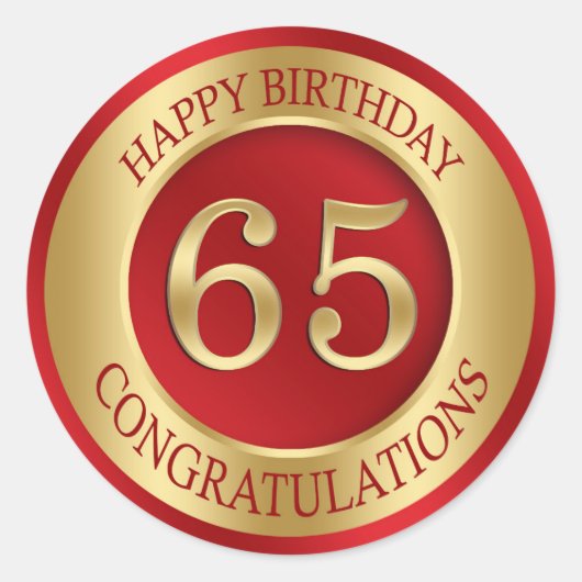 Rood en goud 65e verjaardag ronde sticker (Voorkant)
